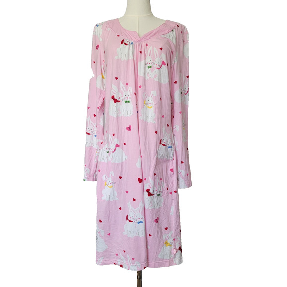 Nick & Nora Bunny Love Pink Sleep Shirt Nightgown Sleepwear 100% Cotton Size L - Picture 1 of 9